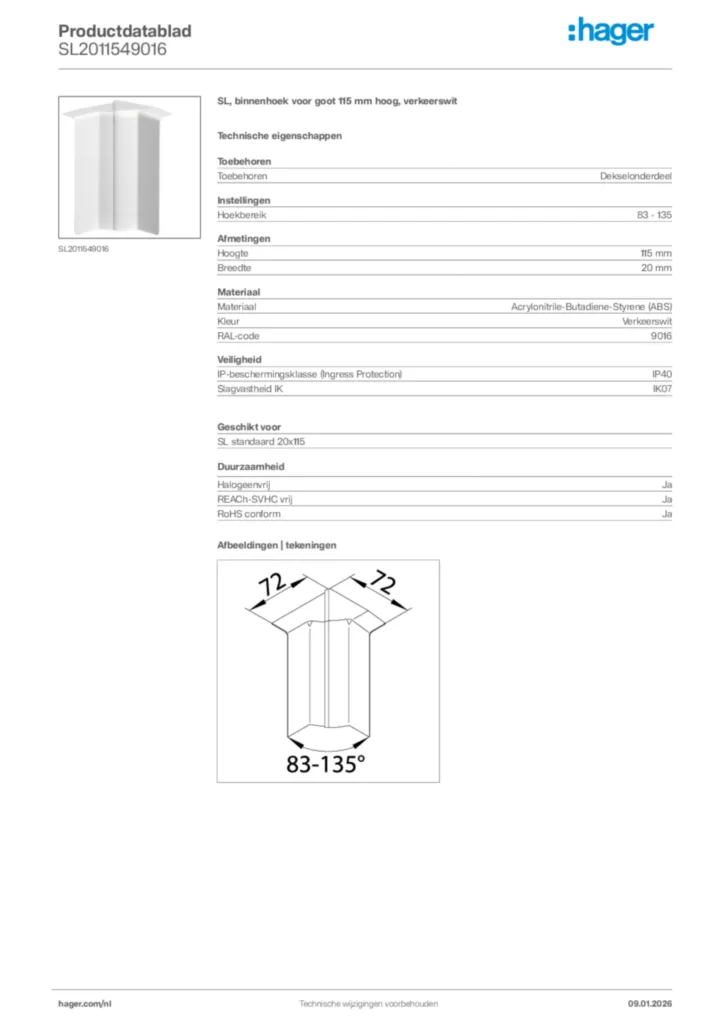 Afbeelding Hager Productdatablad SL2011549016 | Hager Nederland