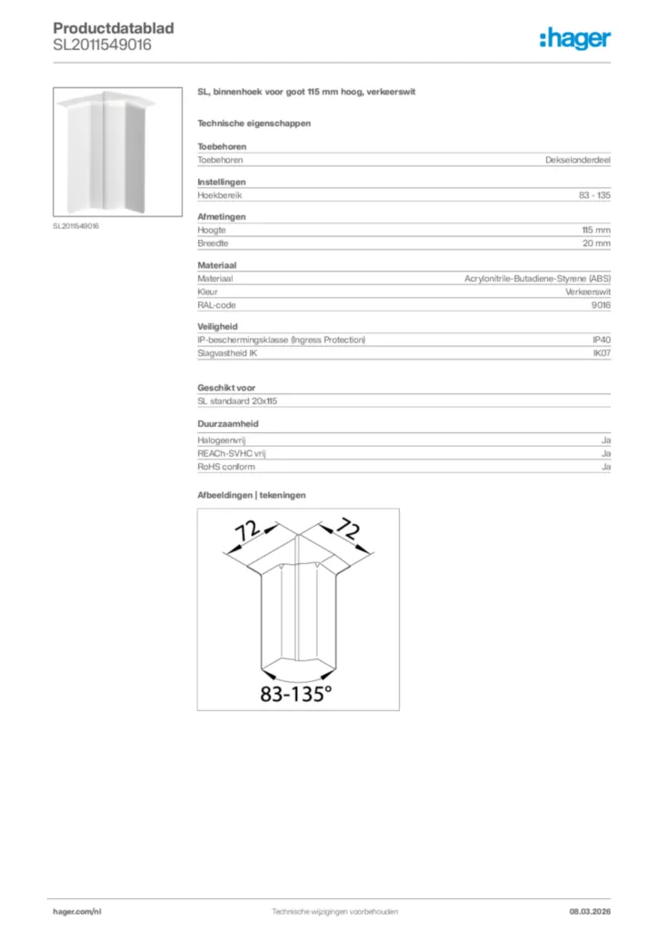 Afbeelding Hager Productdatablad SL2011549016 | Hager Nederland
