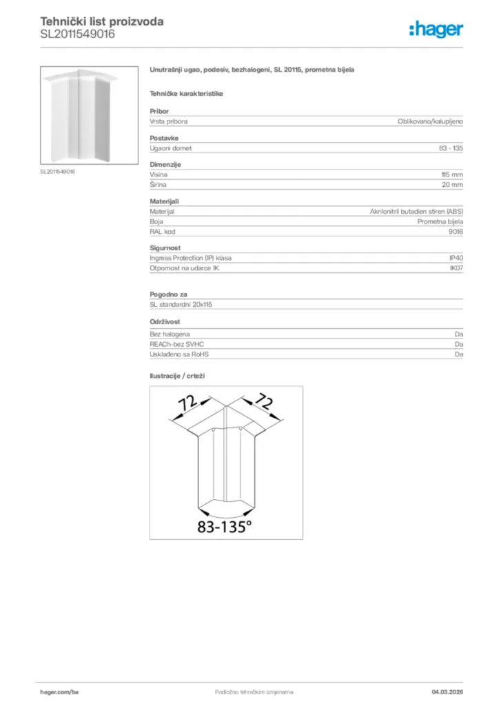Slika Hager Tehnički list proizvoda SL2011549016  | Hager