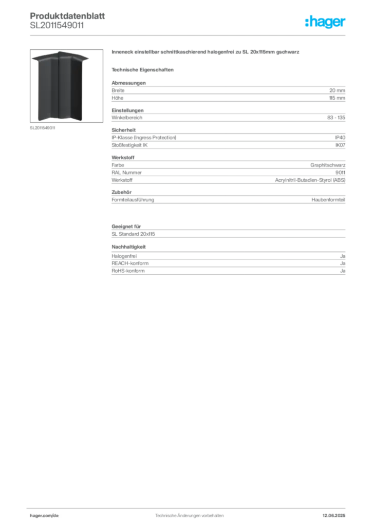 Bild Hager Produktdatenblatt SL2011549011 | Hager Deutschland