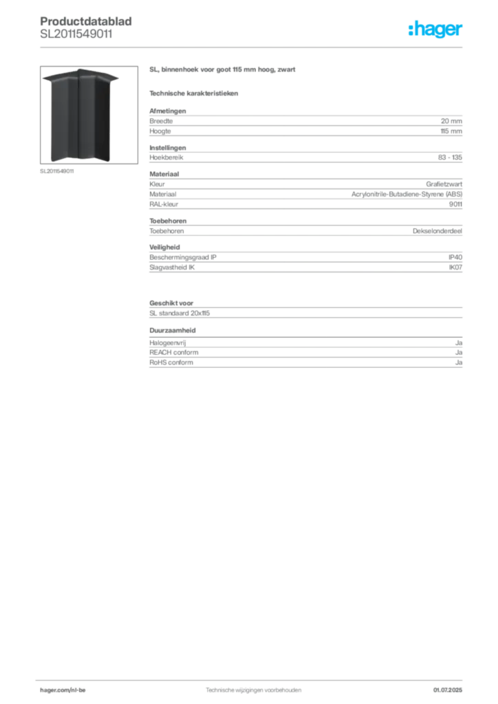Afbeelding Hager Productdatablad SL2011549011 | Hager Belgium