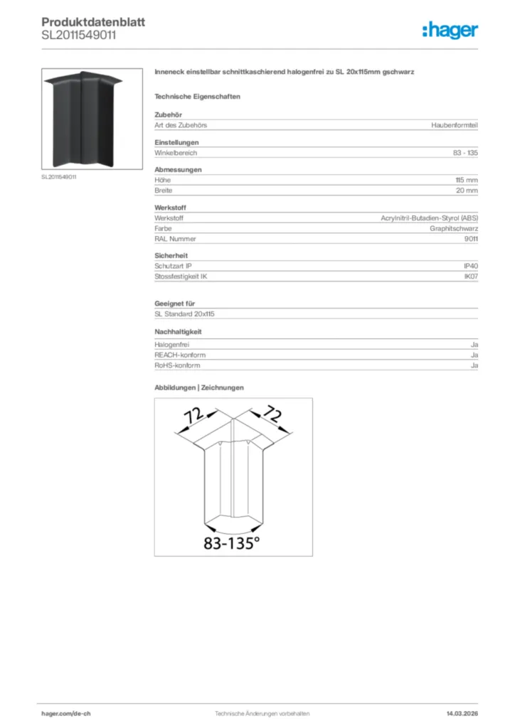 Bild Hager Produktdatenblatt SL2011549011 | Hager Schweiz