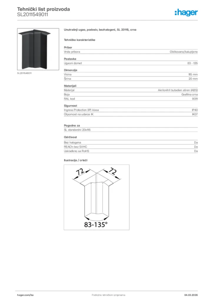 Slika Hager Tehnički list proizvoda SL2011549011  | Hager