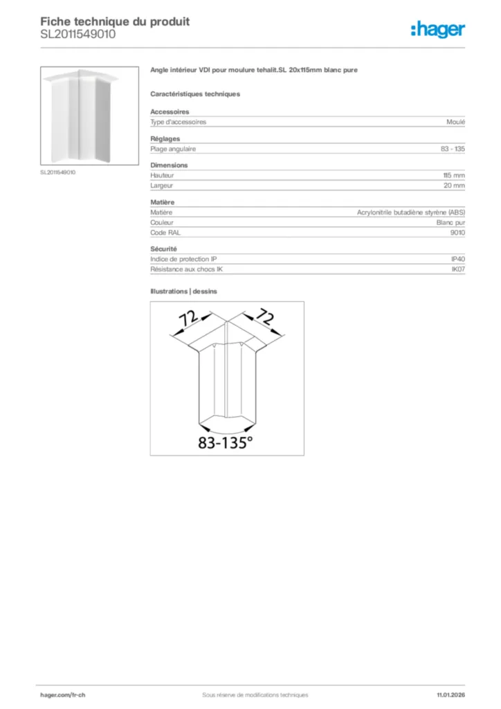 Image Hager Fiche technique du produit SL2011549010 | Hager Suisse