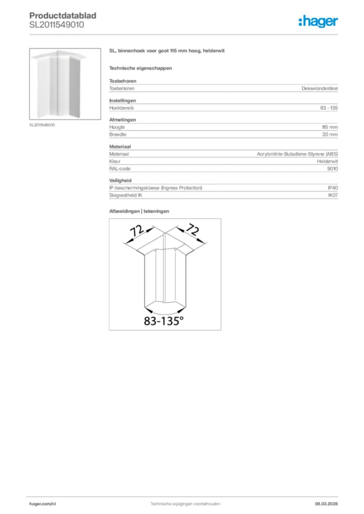 Afbeelding Hager Productdatablad SL2011549010 | Hager Nederland