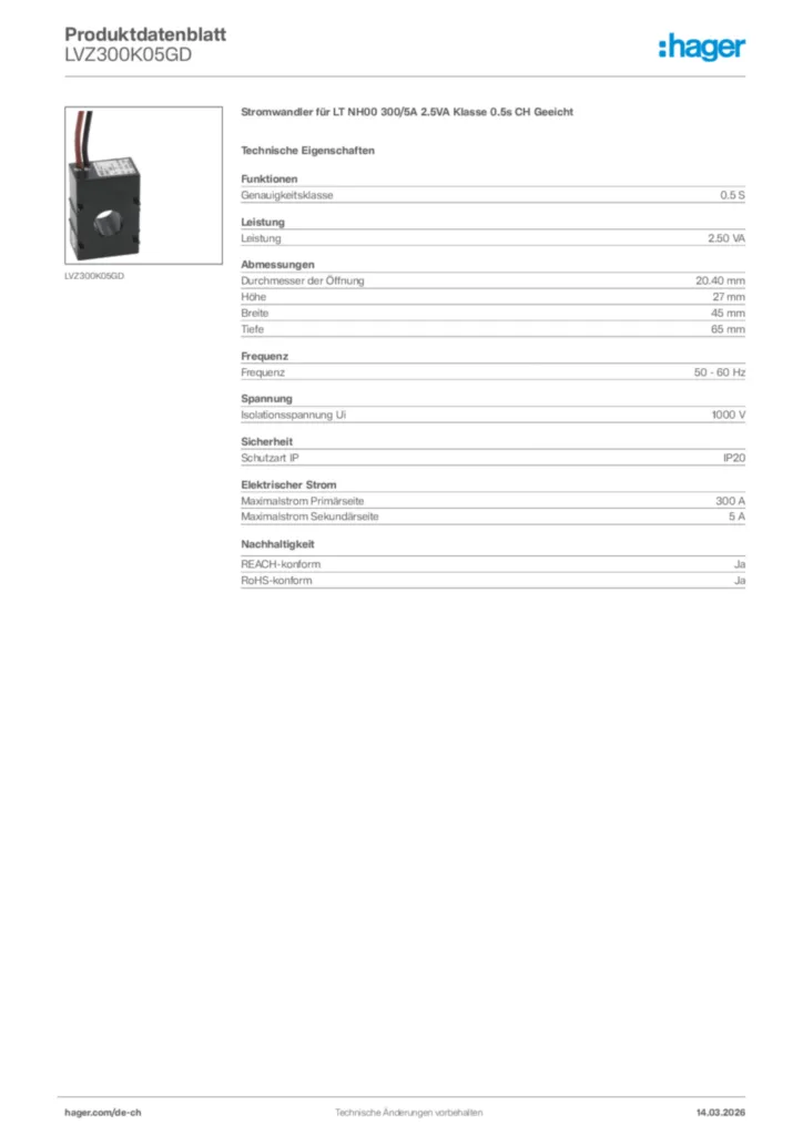 Bild Hager Produktdatenblatt LVZ300K05GD | Hager Schweiz