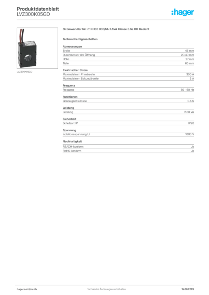 Bild Hager Produktdatenblatt LVZ300K05GD | Hager Schweiz