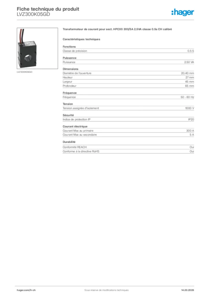 Image Hager Fiche technique du produit LVZ300K05GD | Hager Suisse