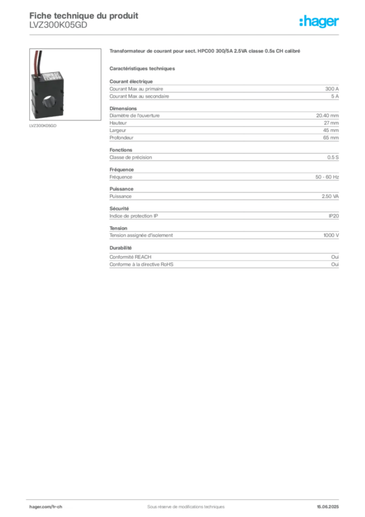 Image Hager Fiche technique du produit LVZ300K05GD | Hager Suisse