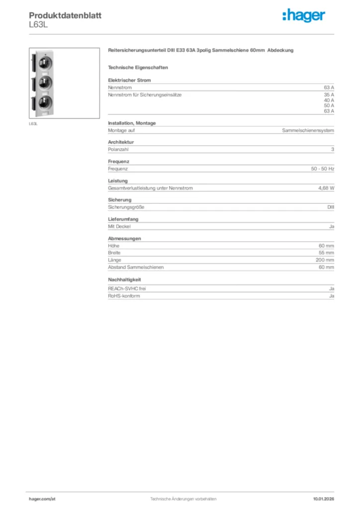 Bild Hager Produktdatenblatt L63L | Hager Deutschland