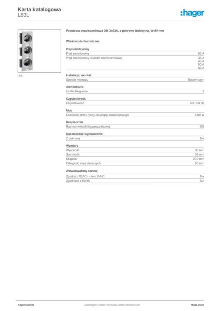 Zdjęcie Hager Karta katalogowa L63L | Hager Polska