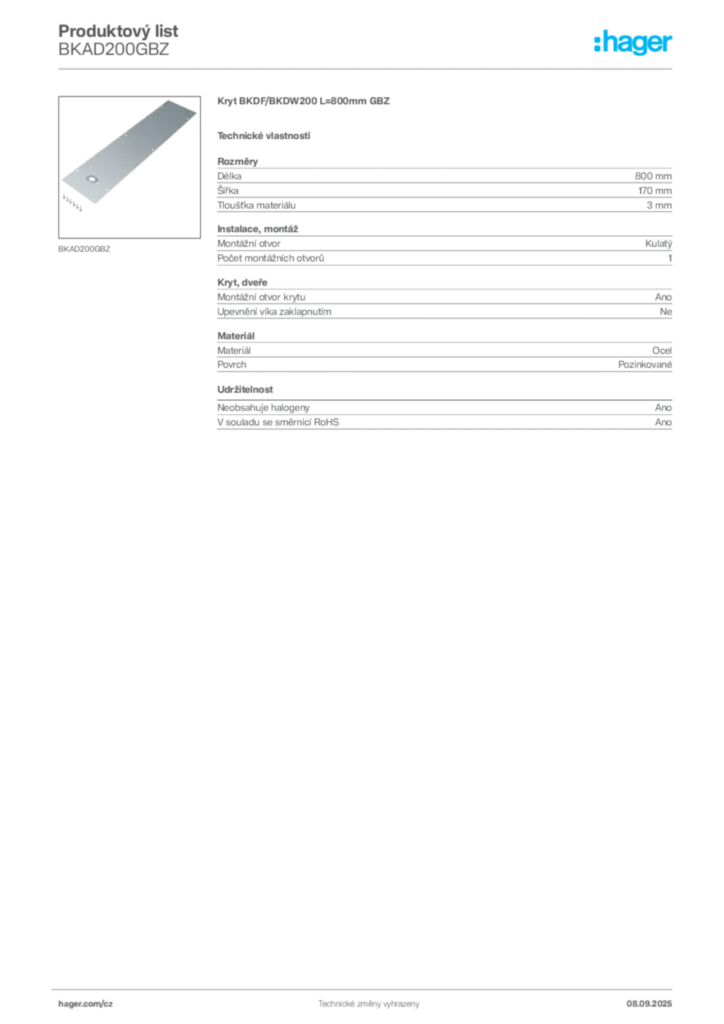 Obrázek Hager Produktový list BKAD200GBZ | Hager