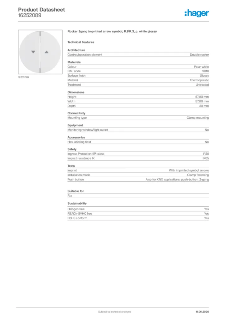 Image Hager Product data sheet 16252089  | Hager