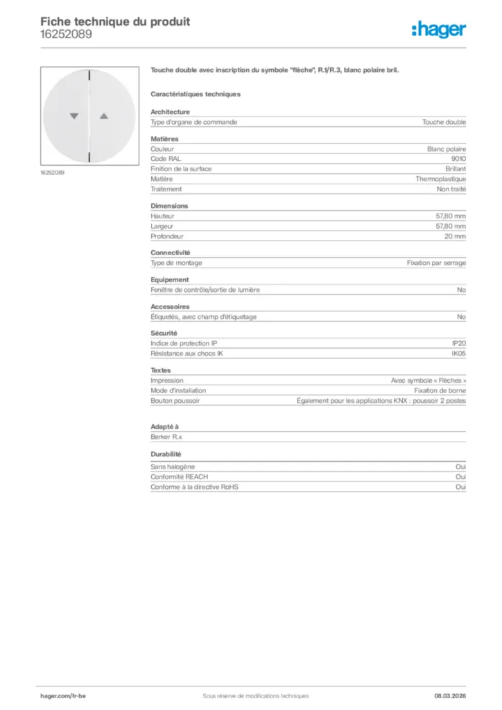 Image Hager Fiche technique du produit 16252089 | Hager Belgique