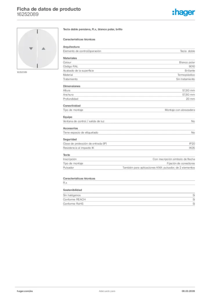 Imagen Hager Ficha de datos de producto 16252089 | Hager España