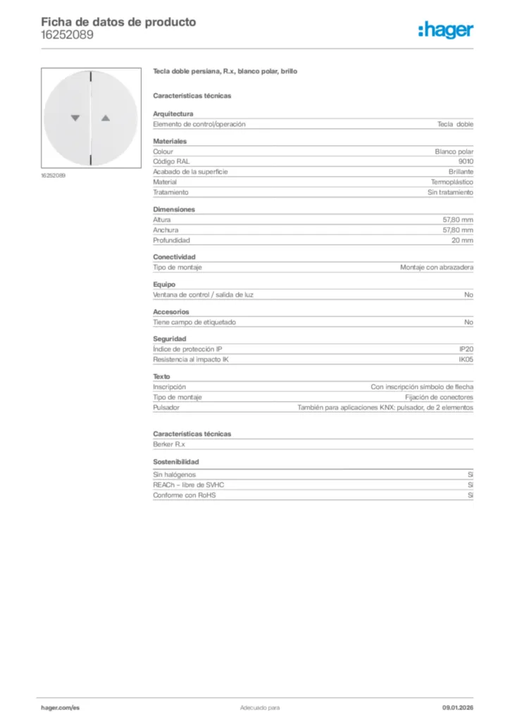 Imagen Hager Ficha de datos de producto 16252089 | Hager España