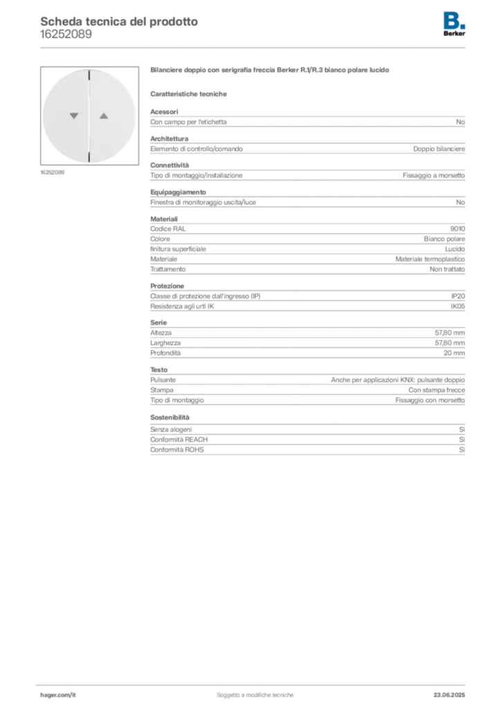 Immagine Berker Scheda tecnica del prodotto 16252089 | Hager Italia