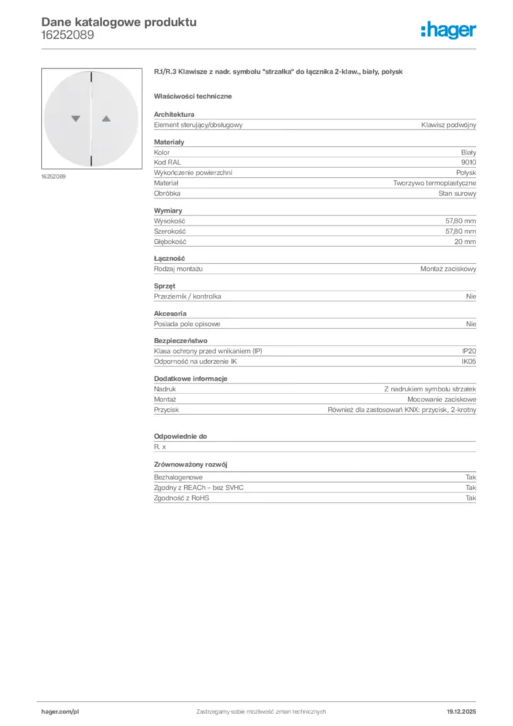 Zdjęcie Hager Karta katalogowa 16252089 | Hager Polska