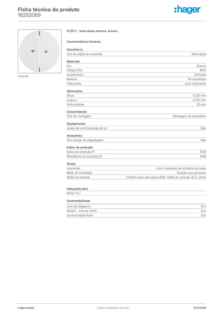 Imagem Hager Ficha técnica do produto 16252089 | Hager Portugal