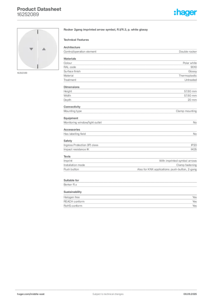 Image Hager Product data sheet 16252089  | Hager