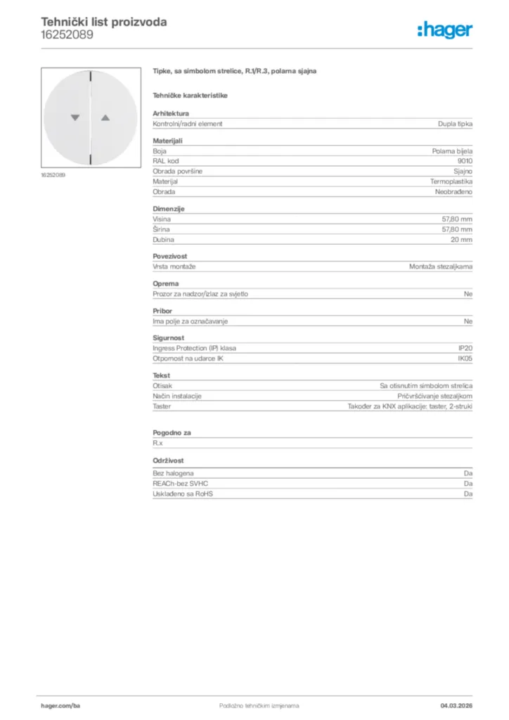 Slika Hager Tehnički list proizvoda 16252089  | Hager