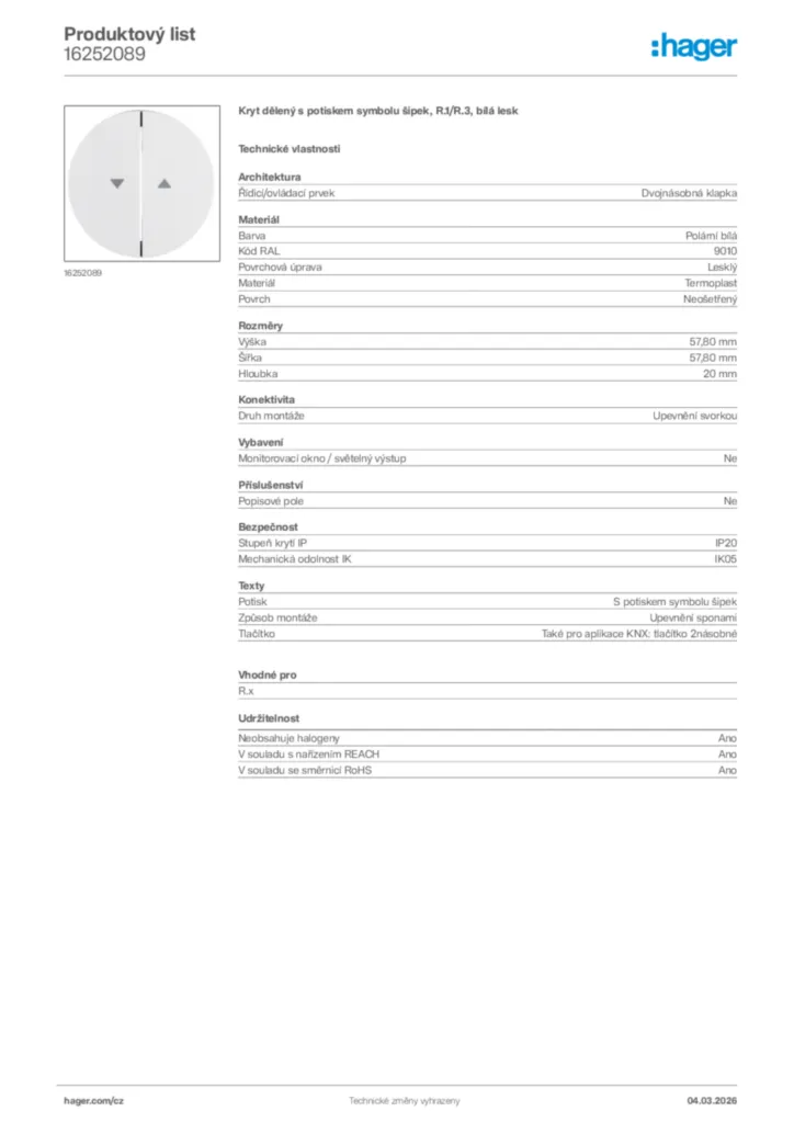 Obrázek Hager Product data sheet 16252089 | Hager