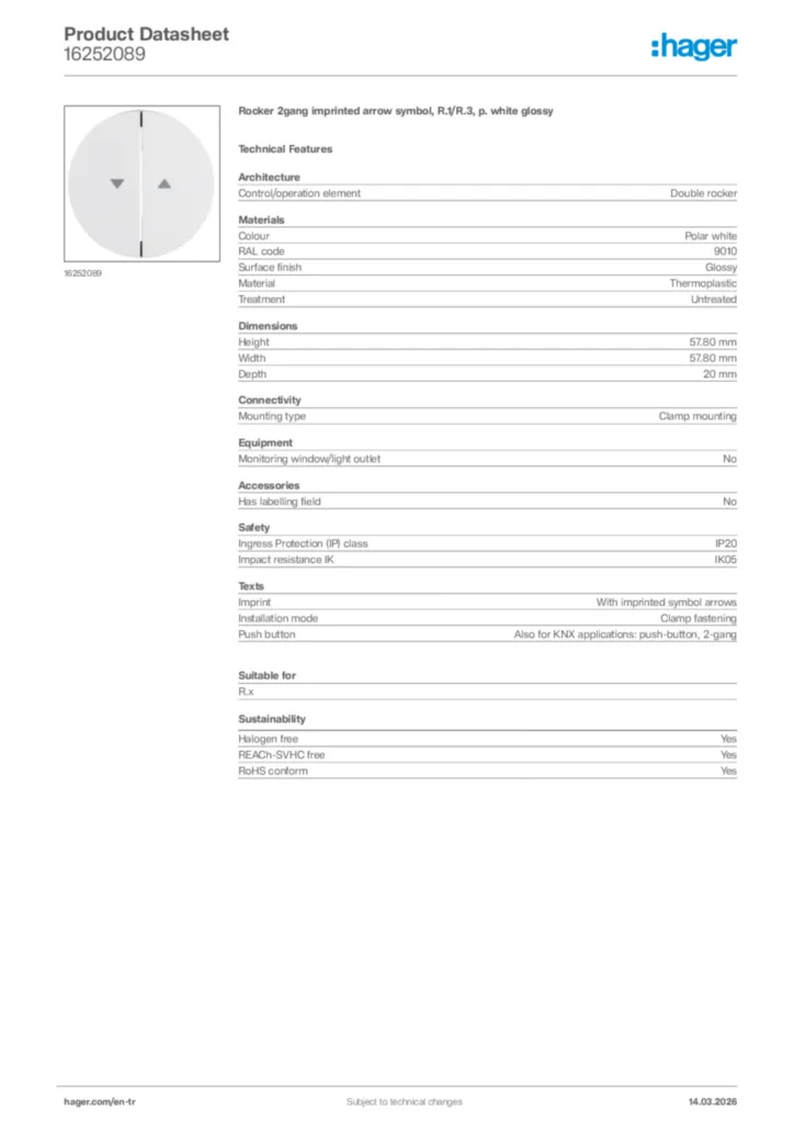Image Hager Product data sheet 16252089  | Hager
