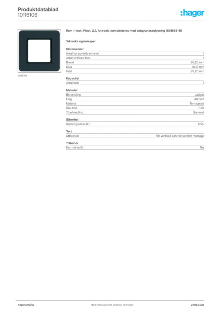 Bild Hager Produktdatablad 10116106 | Hager Sverige