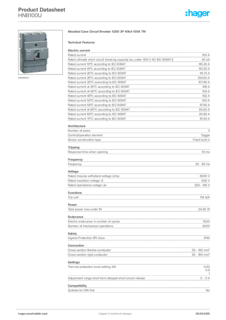 Image Hager Product data sheet HNB100U  | Hager