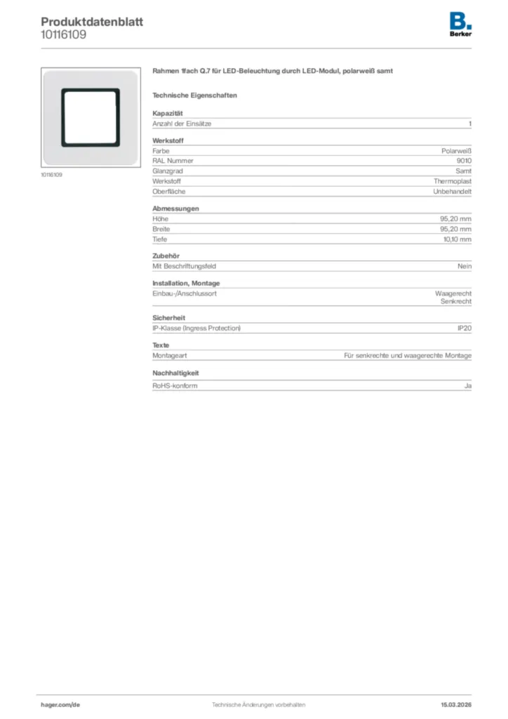 Bild Berker Produktdatenblatt 10116109 | Hager Deutschland
