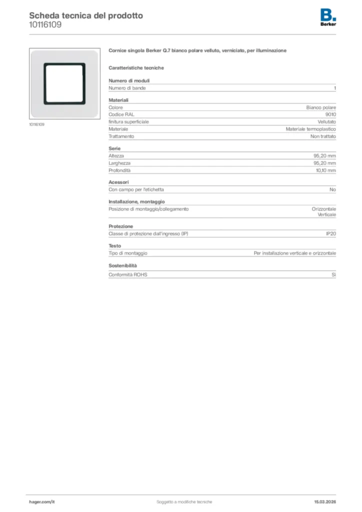 Immagine Berker Scheda tecnica del prodotto 10116109 | Hager Italia