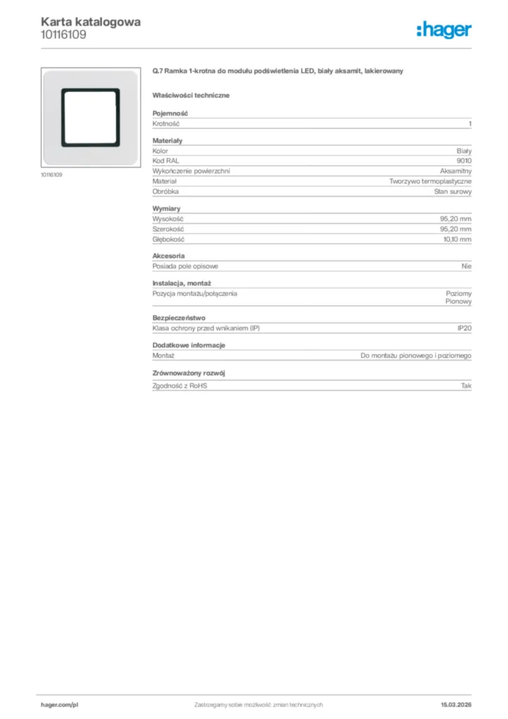 Zdjęcie Hager Karta katalogowa 10116109 | Hager Polska