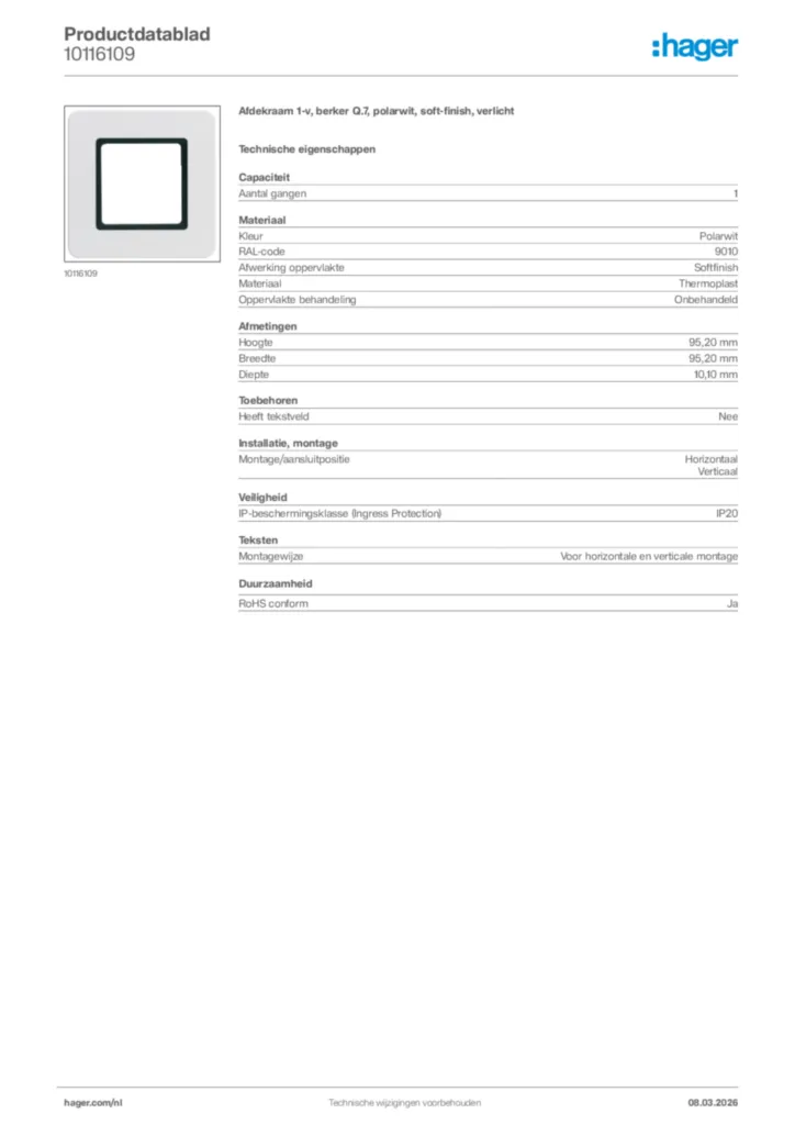 Afbeelding Hager Productdatablad 10116109 | Hager Nederland