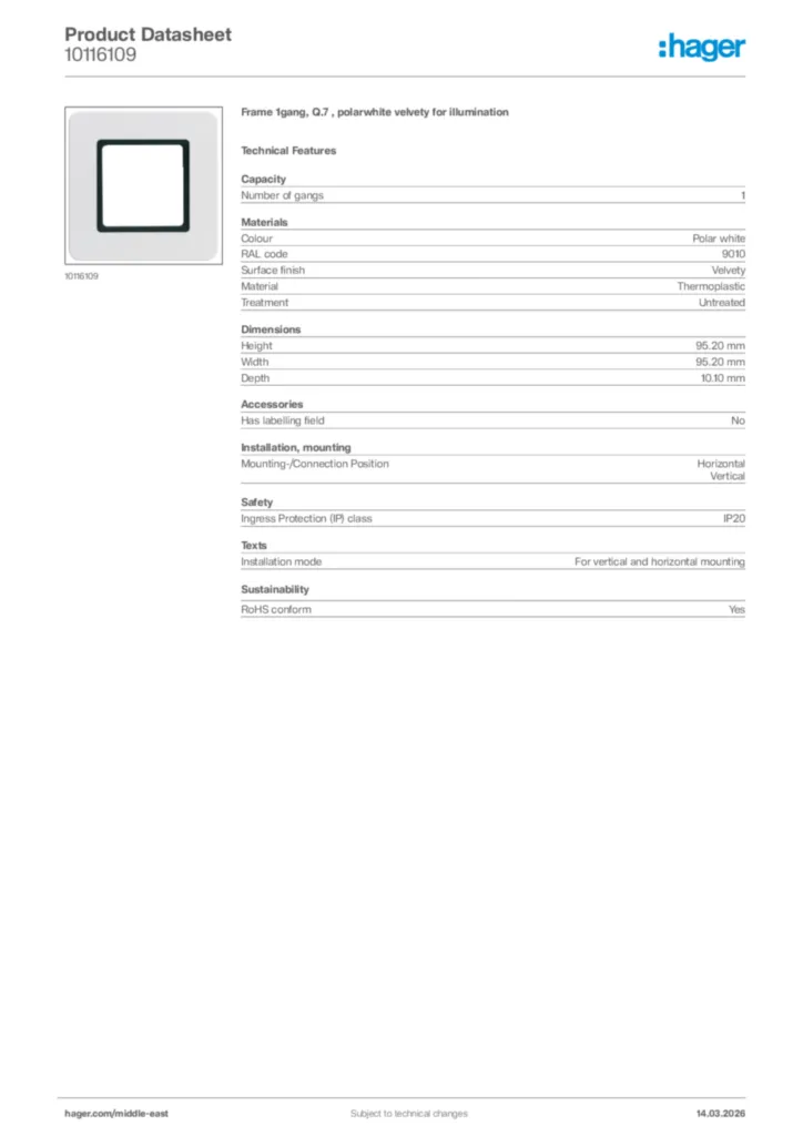 Image Hager Product data sheet 10116109  | Hager