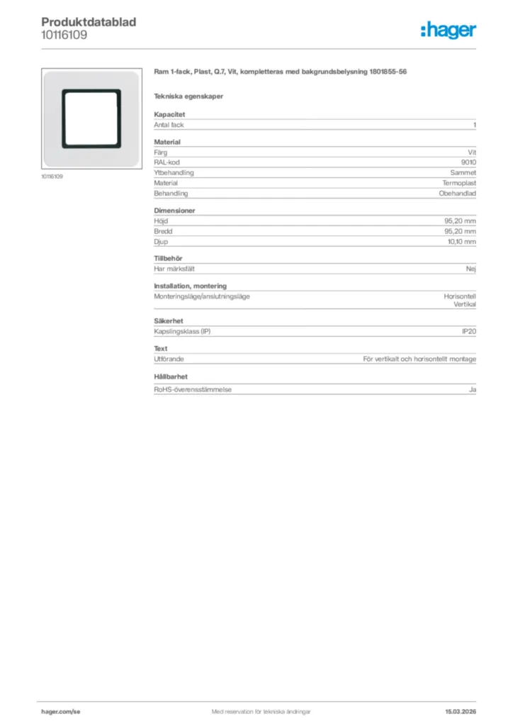 Bild Hager Produktdatablad 10116109 | Hager Sverige