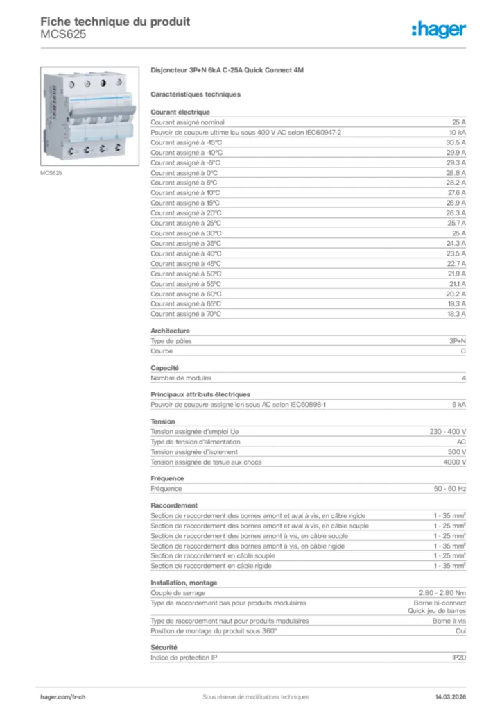 Image Hager Fiche technique du produit MCS625 | Hager Suisse