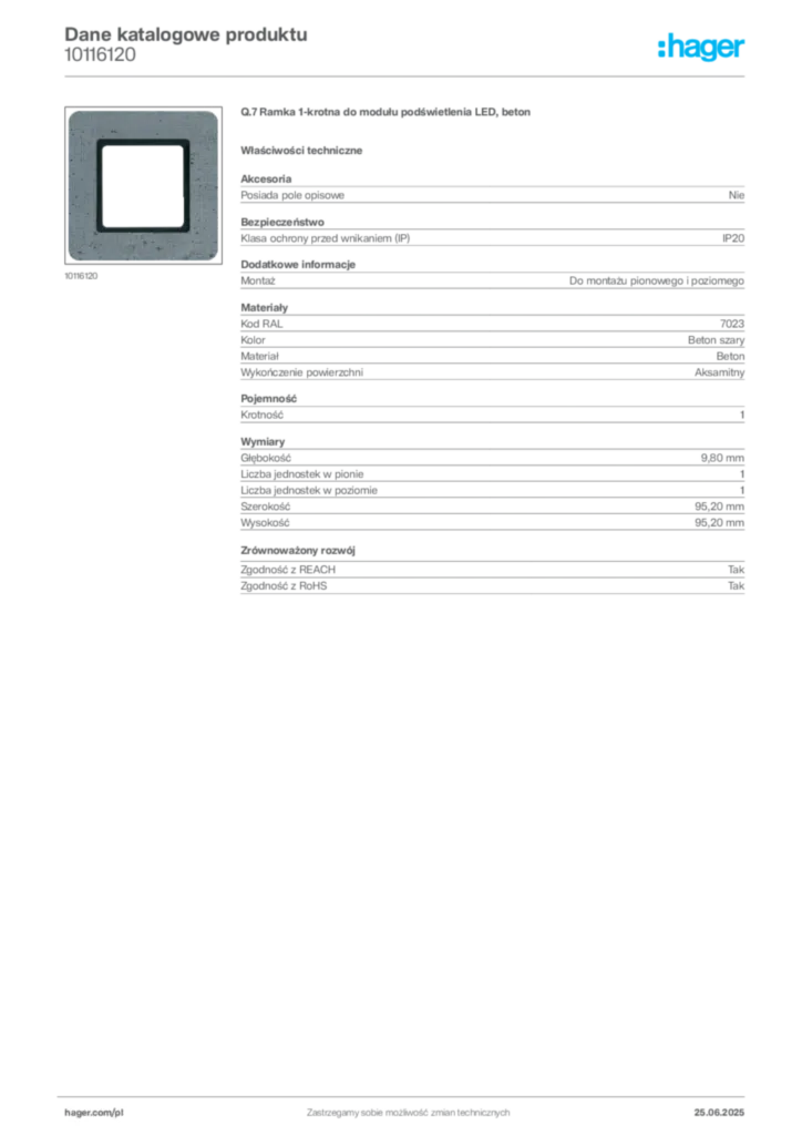 Zdjęcie Hager Karta katalogowa 10116120 | Hager Polska