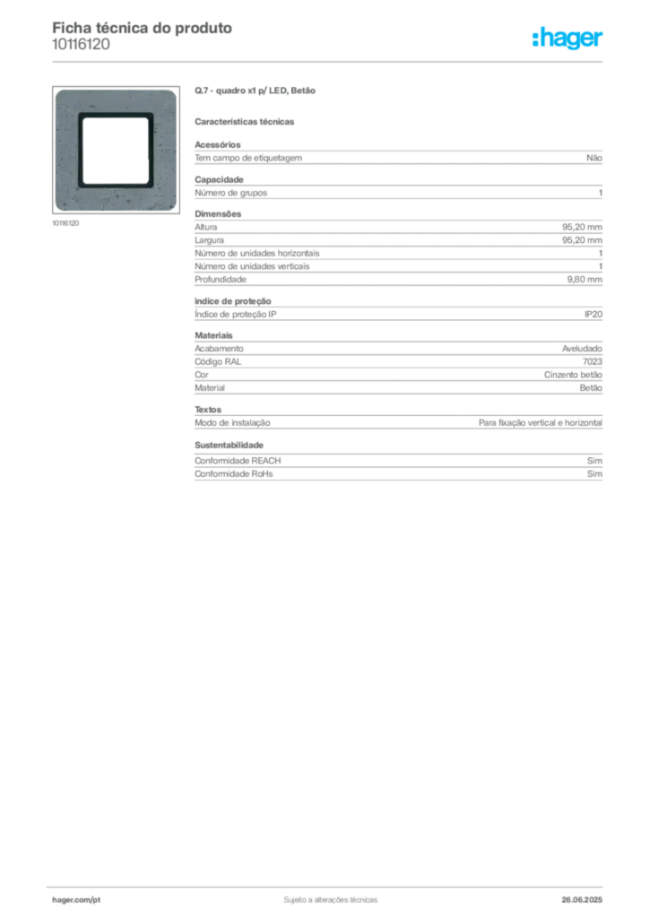 Imagem Hager Ficha técnica do produto 10116120 | Hager Portugal