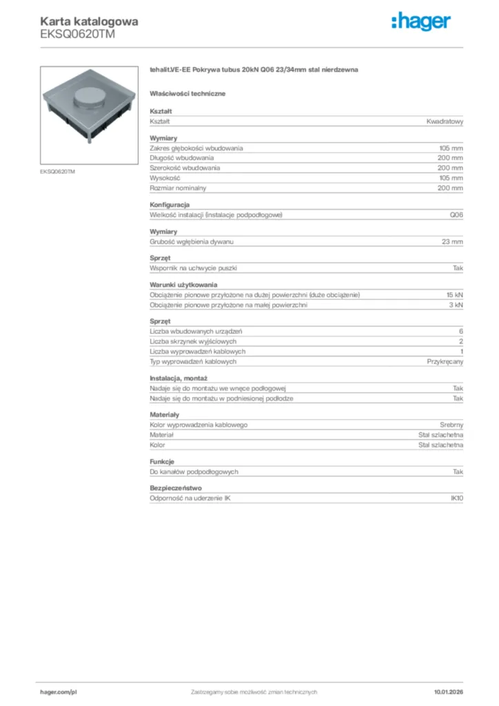 Zdjęcie Hager Karta katalogowa EKSQ0620TM | Hager Polska
