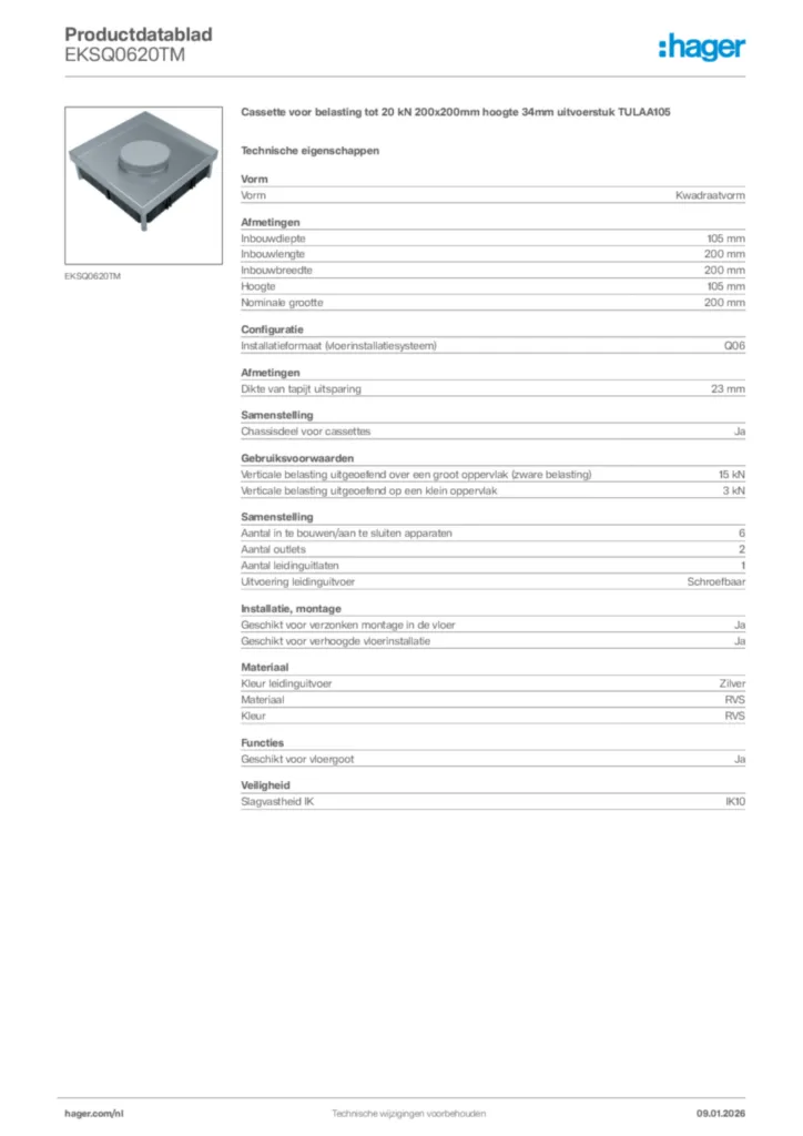 Afbeelding Hager Productdatablad EKSQ0620TM | Hager Nederland
