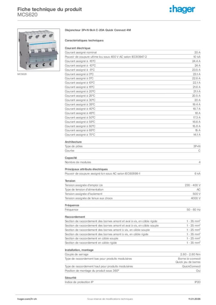 Image Hager Fiche technique du produit MCS620 | Hager Suisse