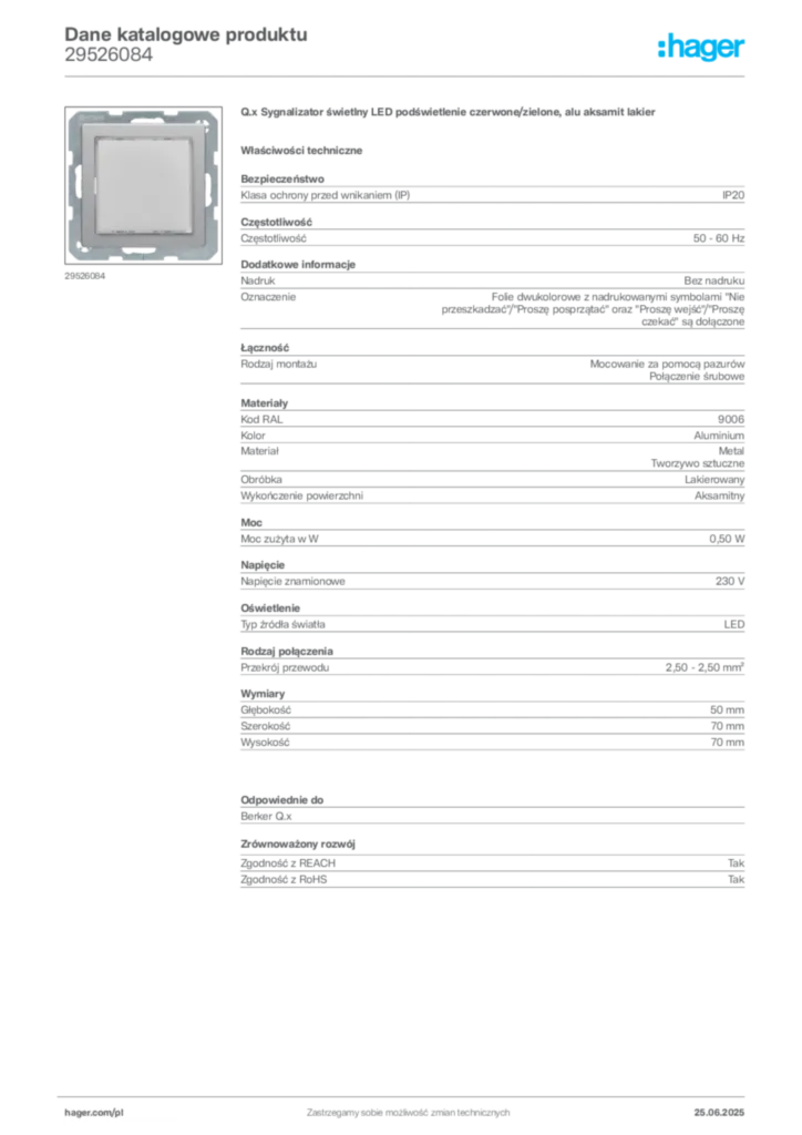 Zdjęcie Hager Karta katalogowa 29526084 | Hager Polska