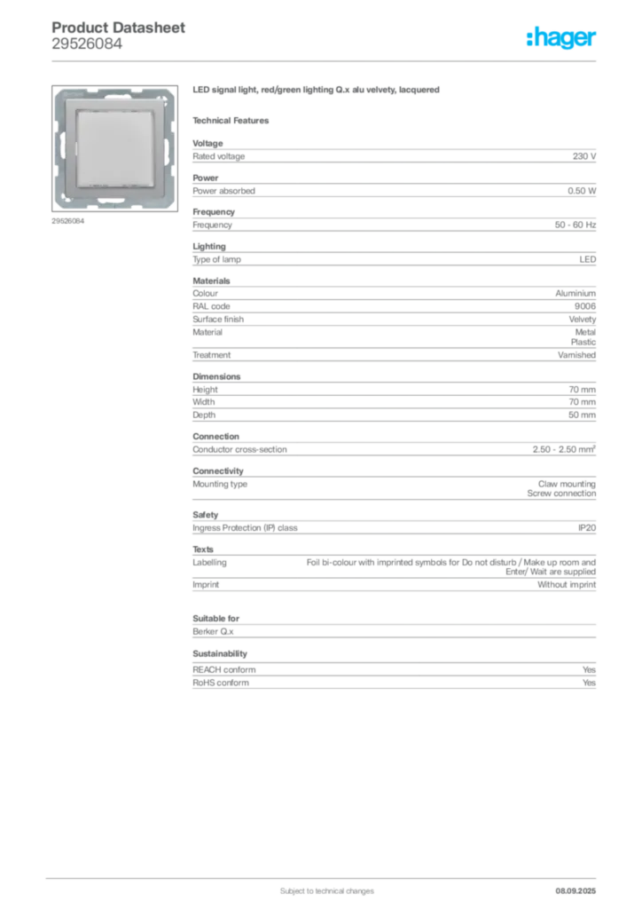 Image Hager Product data sheet 29526084  | Hager