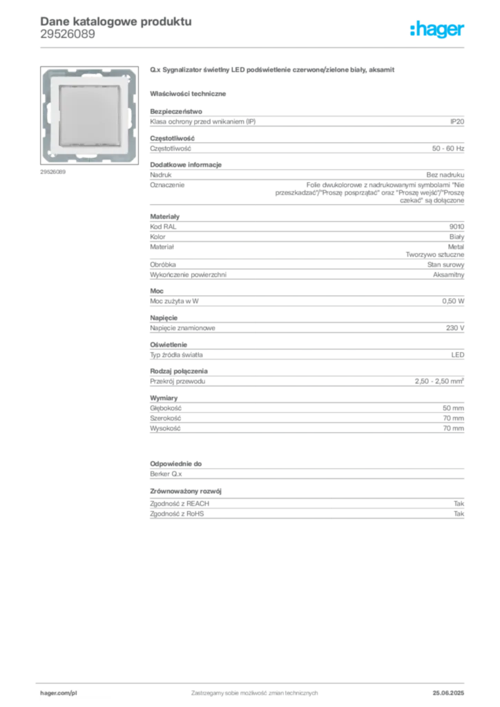 Zdjęcie Hager Karta katalogowa 29526089 | Hager Polska