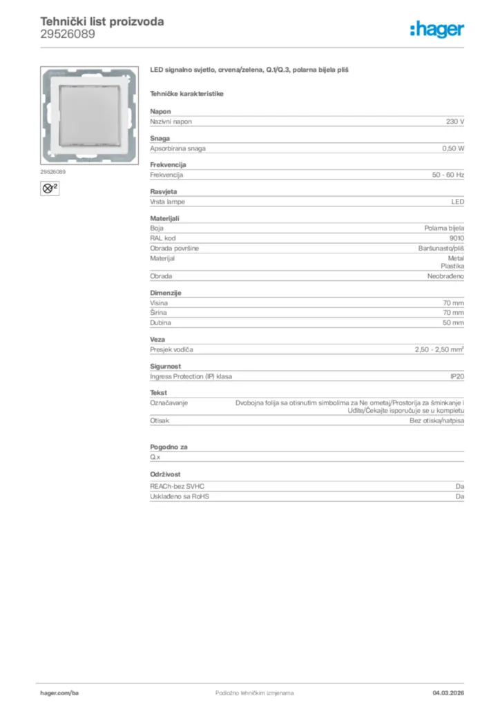 Slika Hager Tehnički list proizvoda 29526089  | Hager
