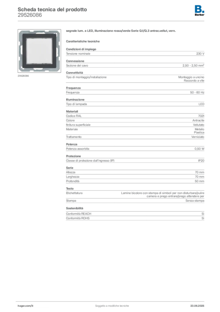 Immagine Berker Scheda tecnica del prodotto 29526086 | Hager Italia