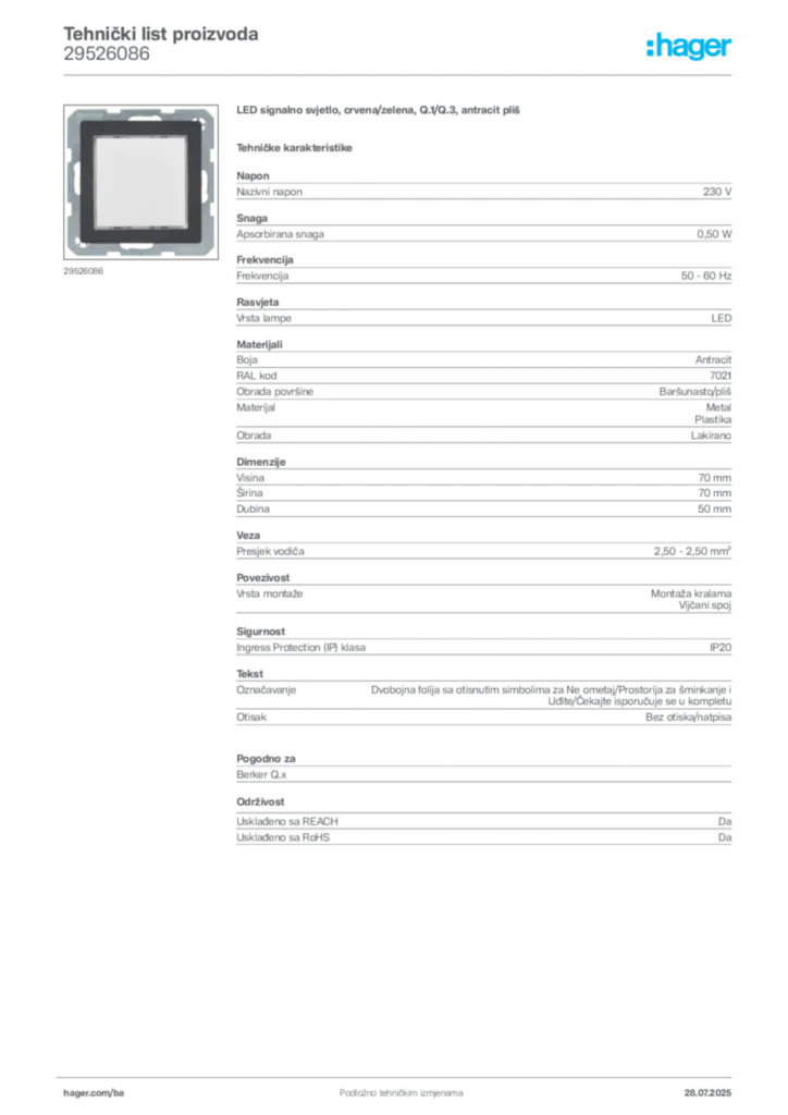 Slika Hager Product data sheet 29526086  | Hager