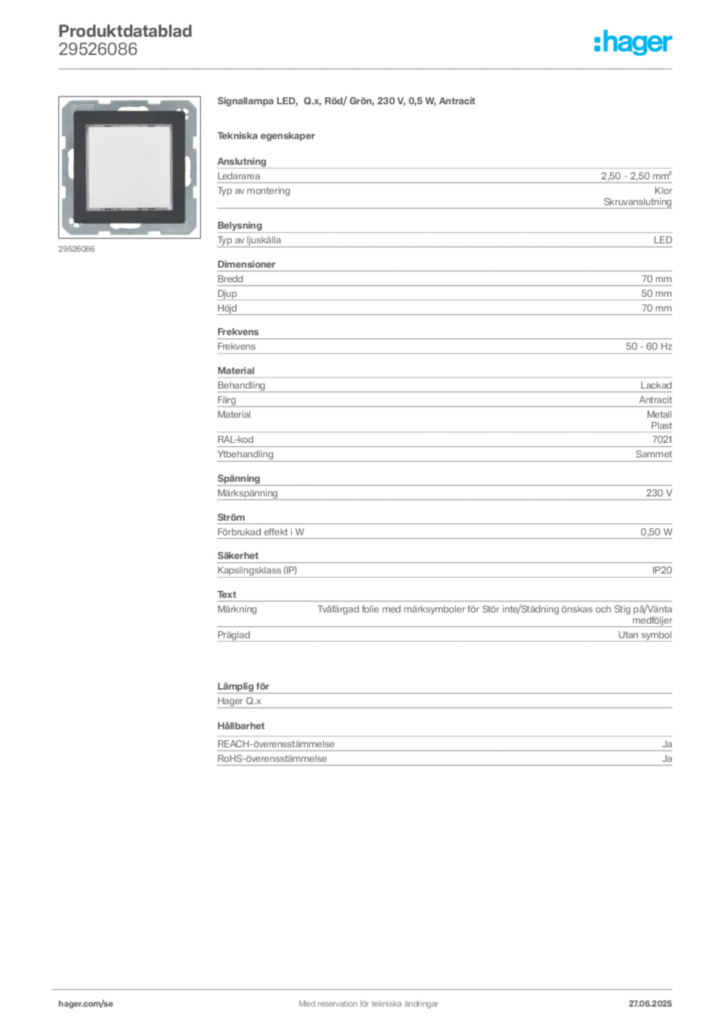 Bild Hager Produktdatablad 29526086 | Hager Sverige