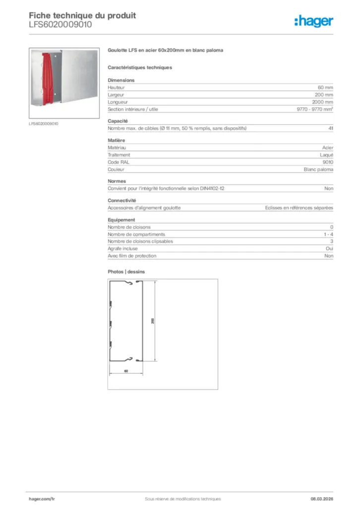 Image Hager Fiche technique du produit LFS6020009010 | Hager France