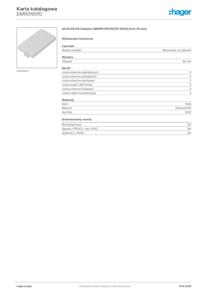 Zdjęcie Hager Karta katalogowa EMR019010 | Hager Polska